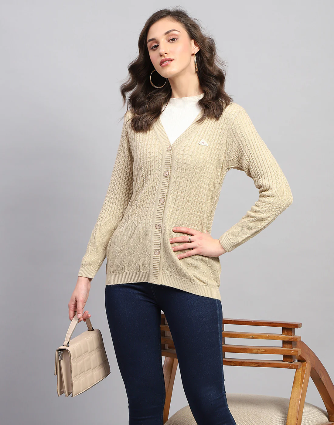 Women Beige Self Design V Neck Full Sleeve Cardigan - Image 2