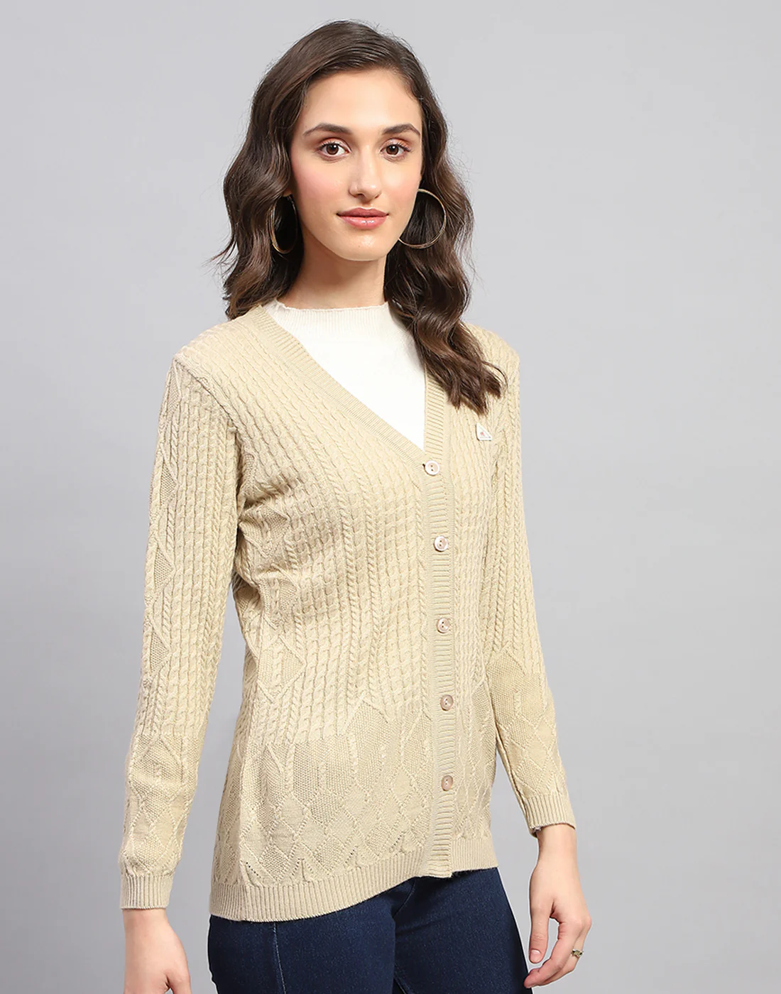 Women Beige Self Design V Neck Full Sleeve Cardigan - Image 5