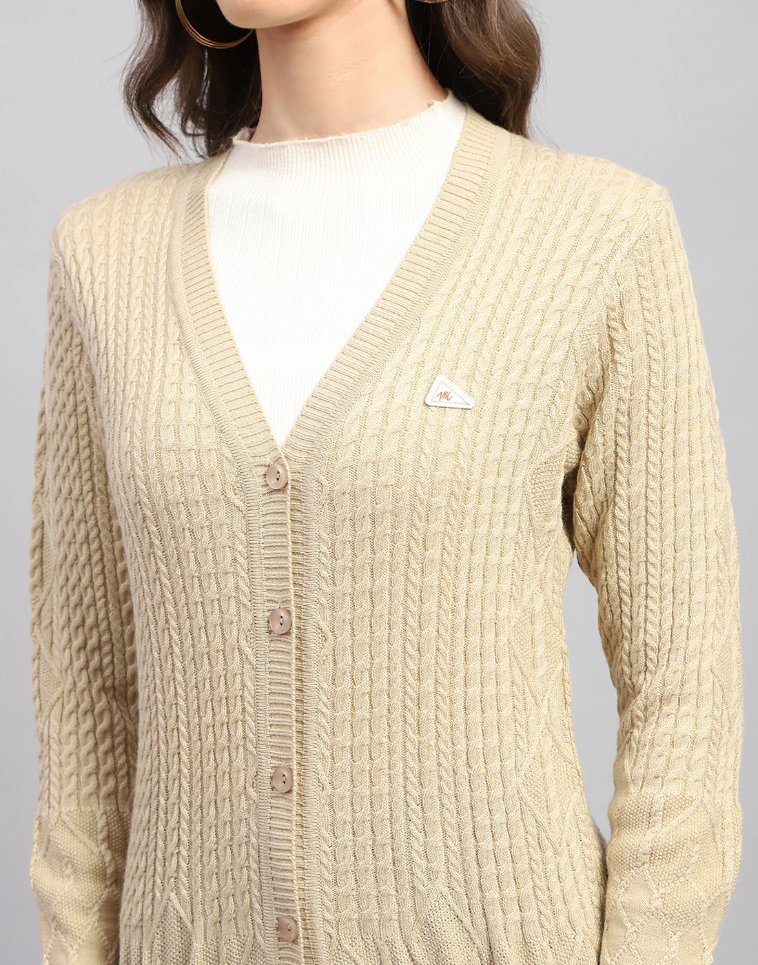 Women Beige Self Design V Neck Full Sleeve Cardigan - Image 7