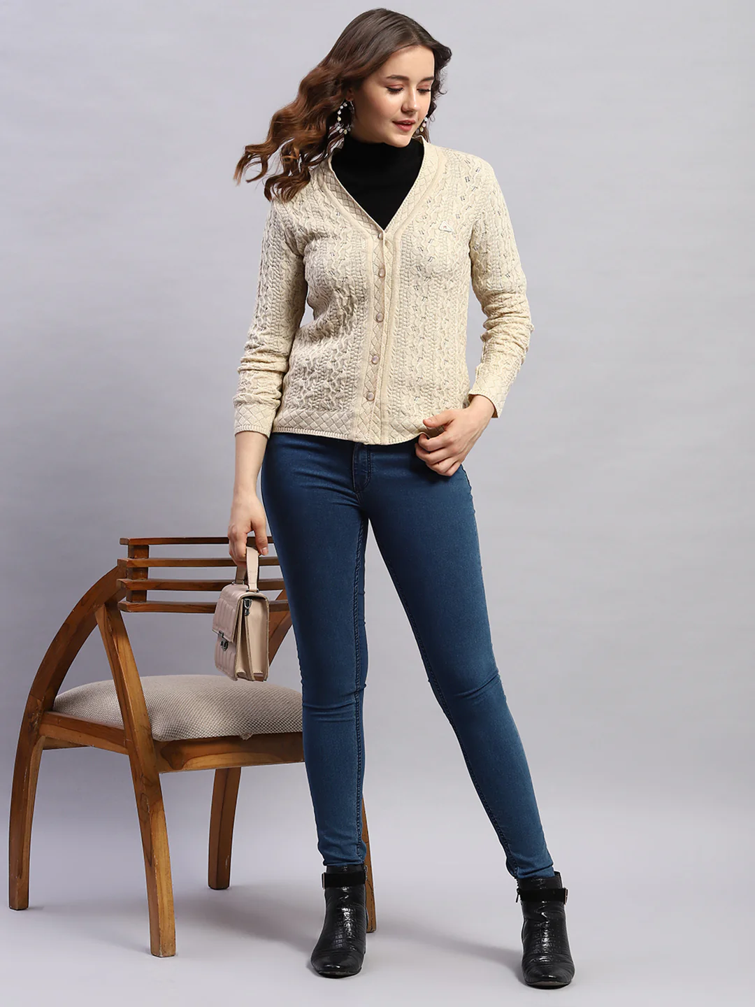 Women Beige Self Design V Neck Full Sleeve Cardigan - Image 2