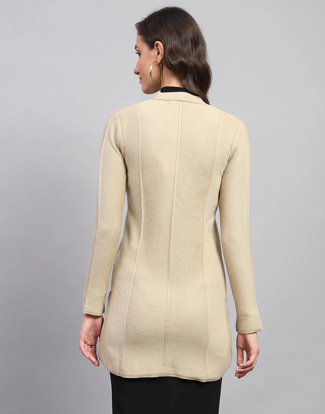 Women Beige Self Design V Neck Full Sleeve Cardigan - Image 6