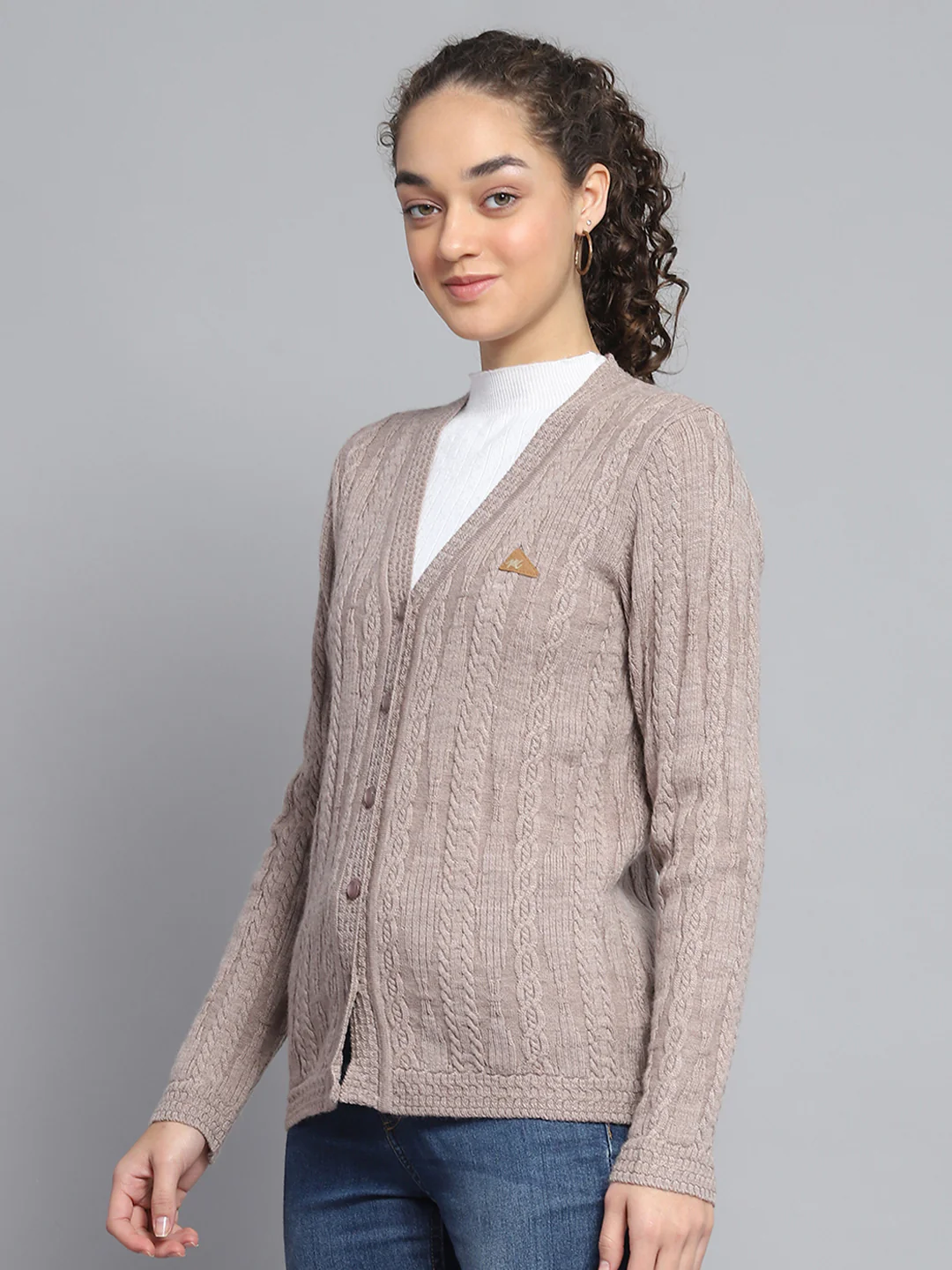 Women Beige Self Design V Neck Full Sleeve Cardigan - Image 3