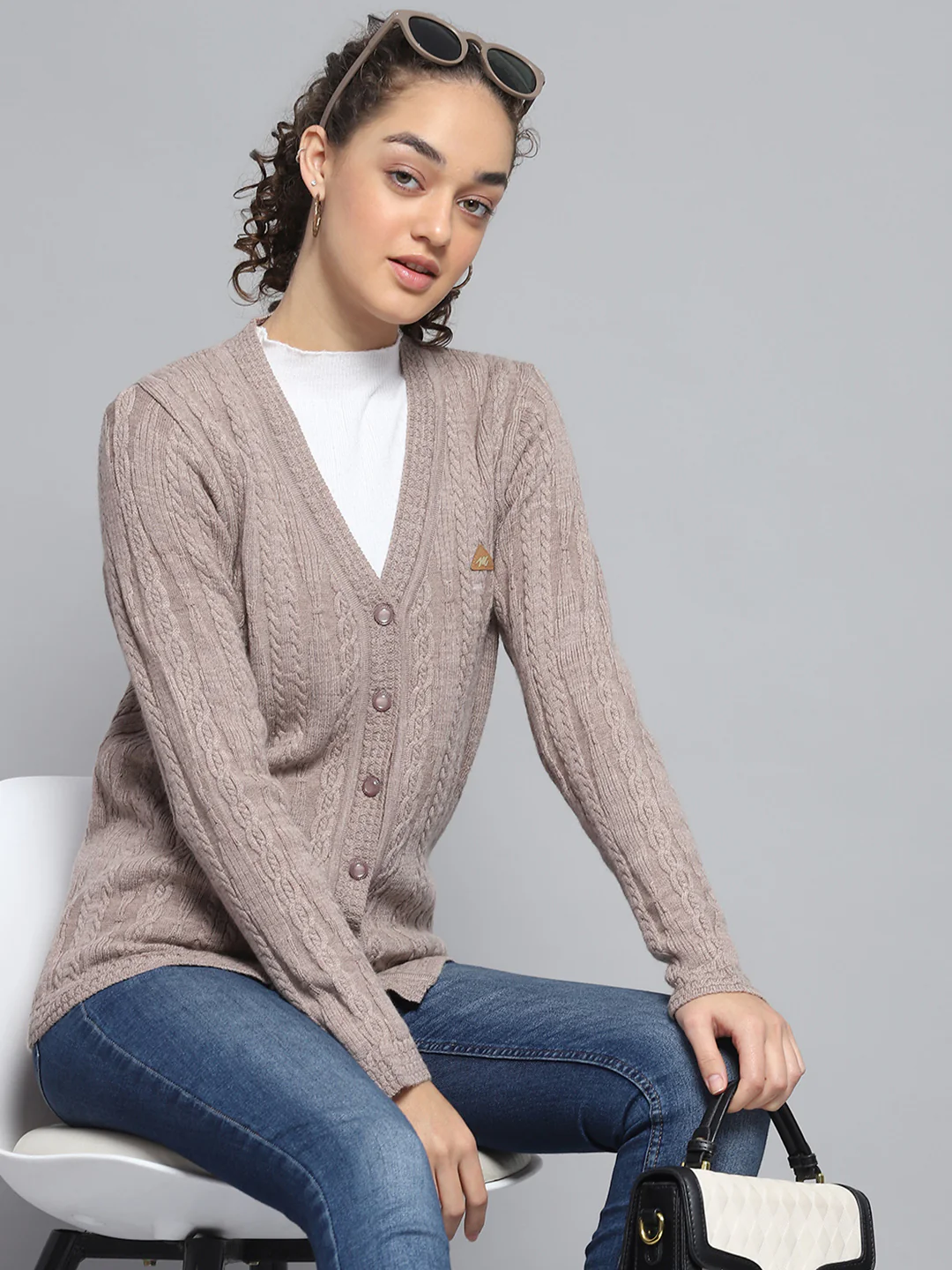 Women Beige Self Design V Neck Full Sleeve Cardigan - Image 6