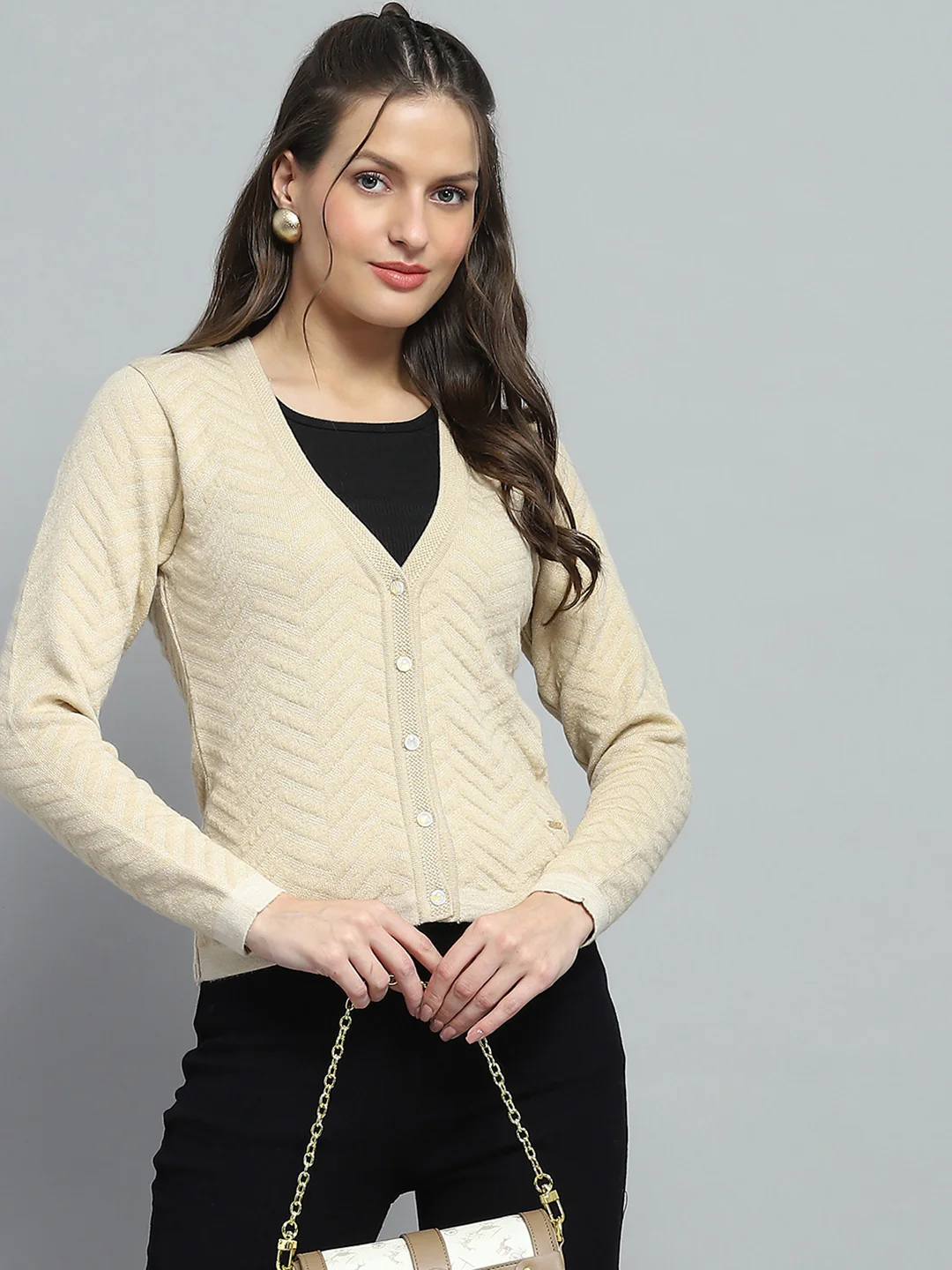 Women Beige Self Design V Neck Full Sleeve Cardigan - Image 6