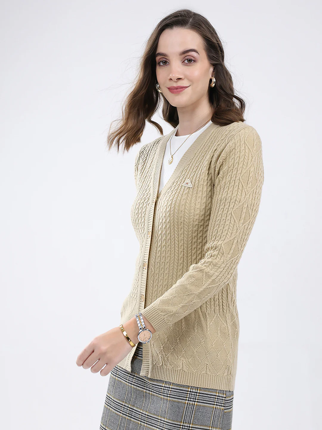Women Beige Self Design V Neck Full Sleeve Cardigan - Image 3