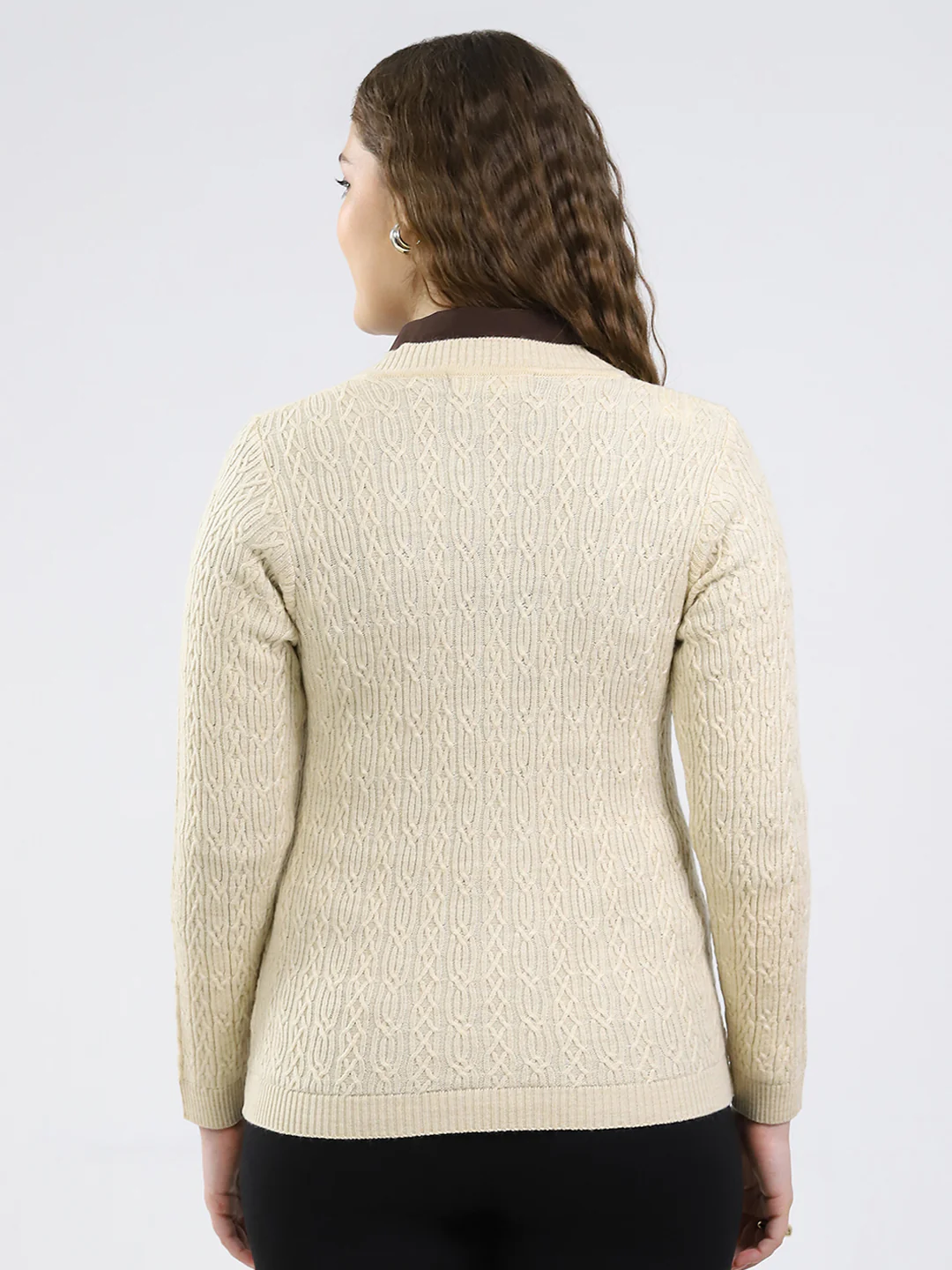Women Beige Self Design V Neck Full Sleeve Cardigan - Image 5