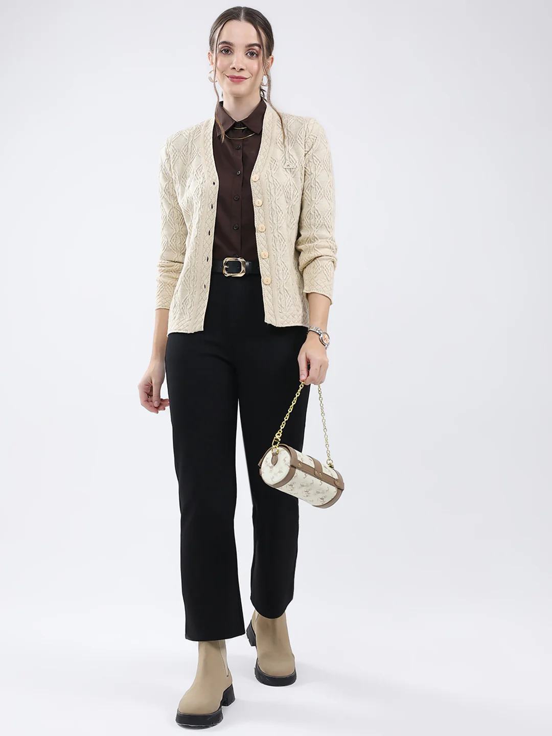 Women Beige Self Design V Neck Full Sleeve Cardigan - Image 2