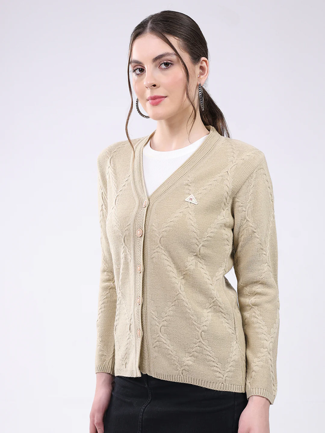 Women Beige Self Design V Neck Full Sleeve Cardigan - Image 3