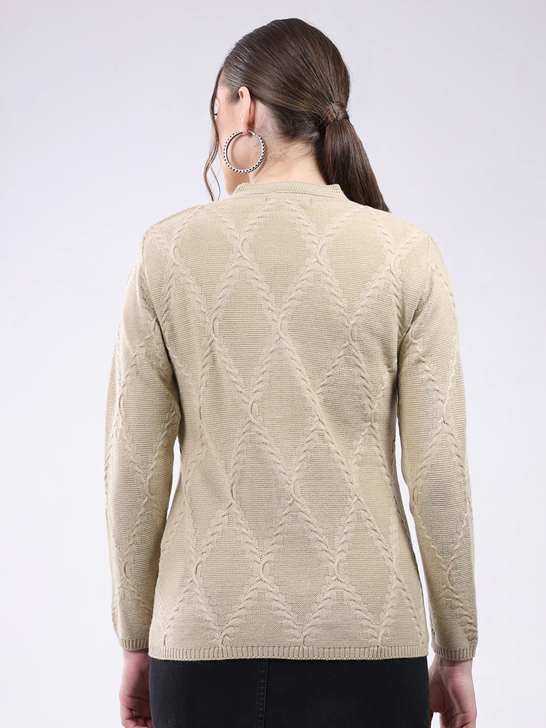 Women Beige Self Design V Neck Full Sleeve Cardigan - Image 5