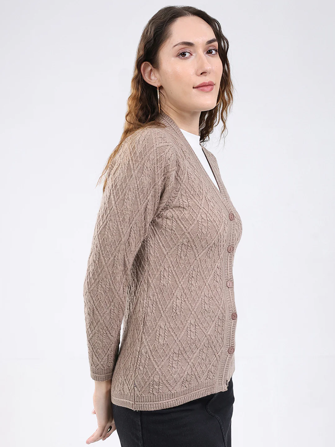 Women Beige Self Design V Neck Full Sleeve Cardigan - Image 4