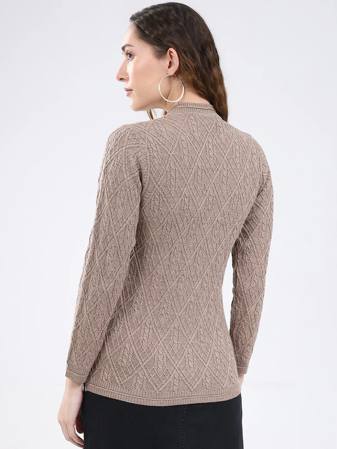 Women Beige Self Design V Neck Full Sleeve Cardigan - Image 5