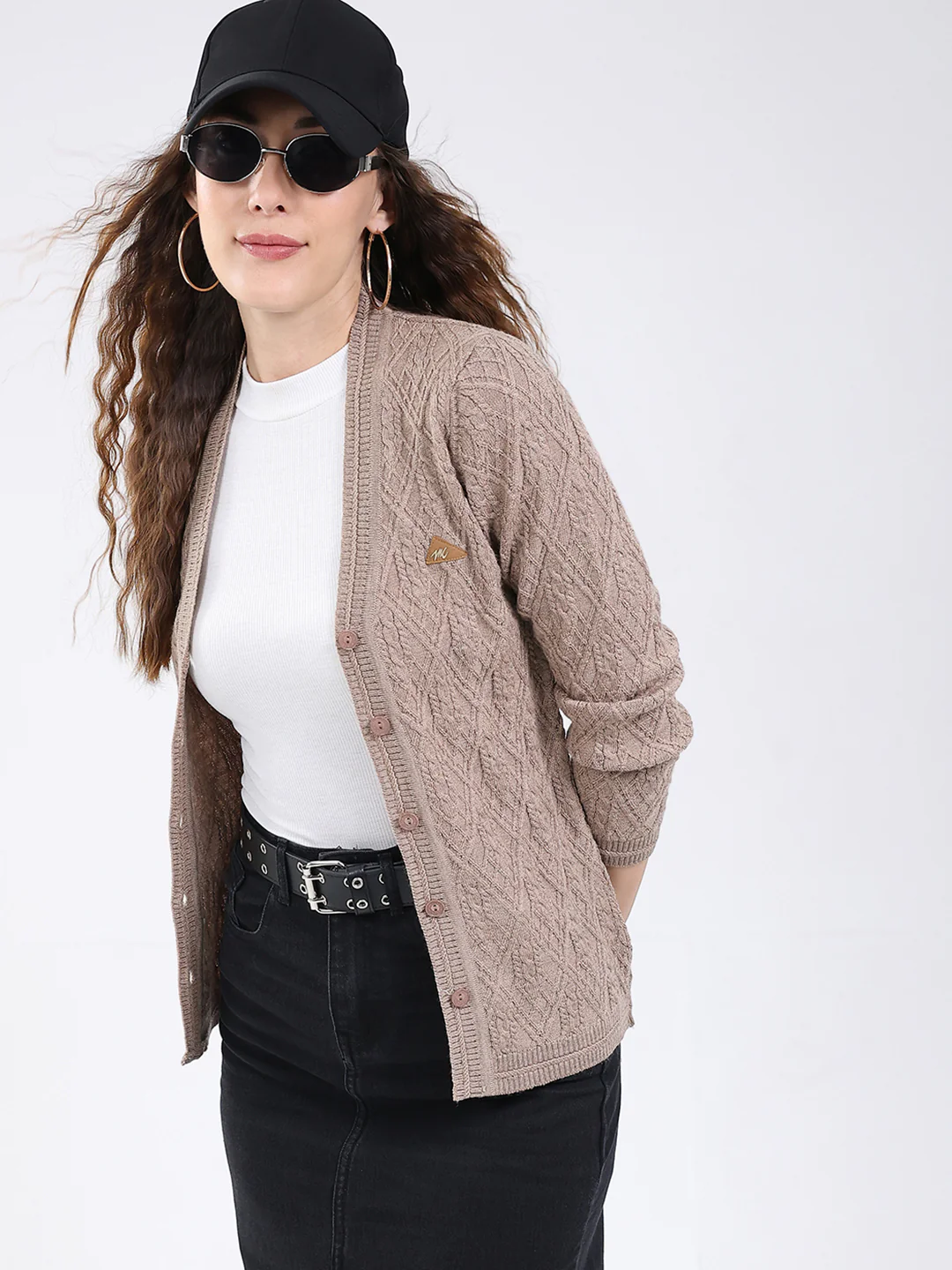 Women Beige Self Design V Neck Full Sleeve Cardigan - Image 6