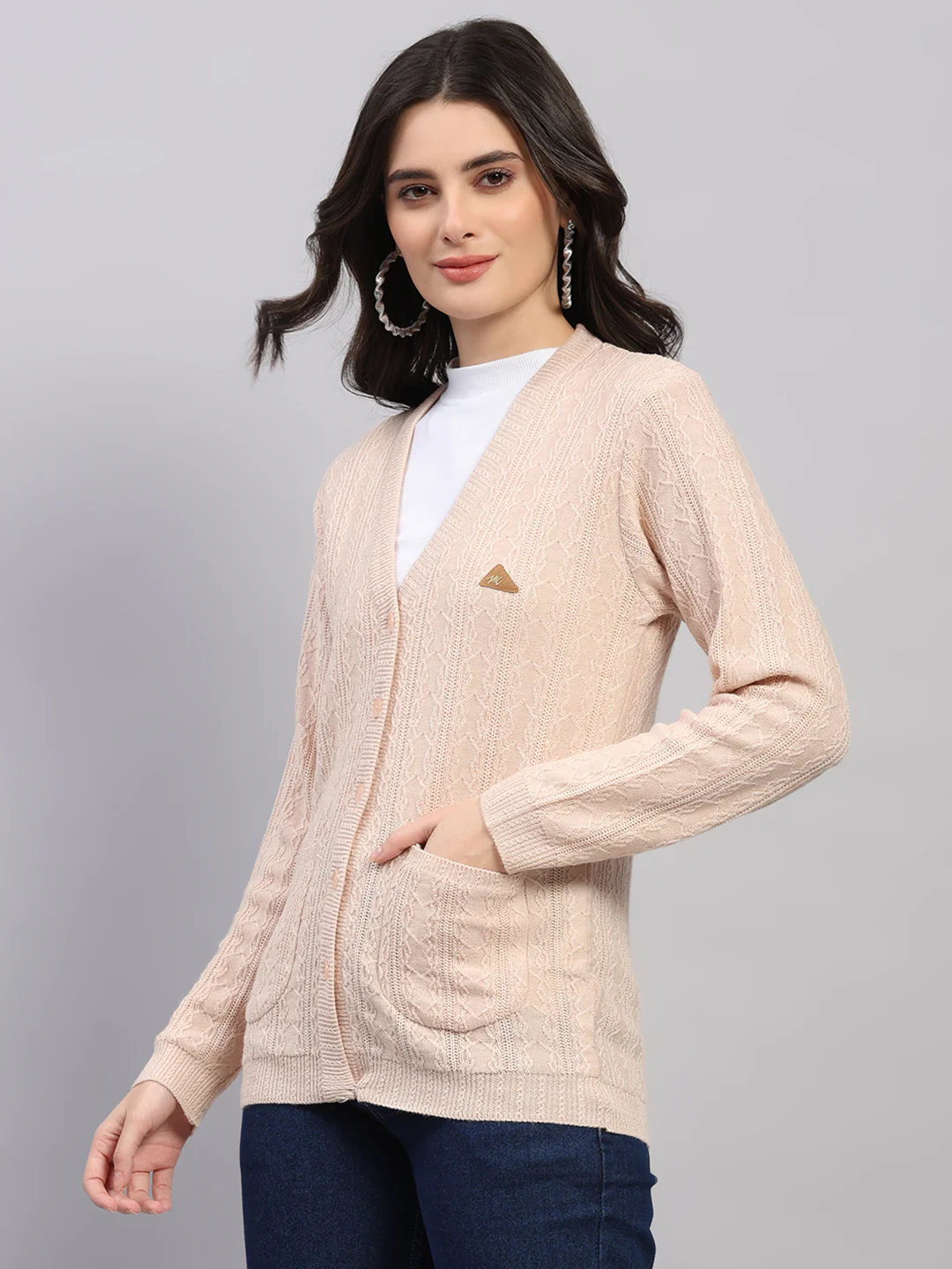 Women Beige Self Design V Neck Full Sleeve Cardigan - Image 3