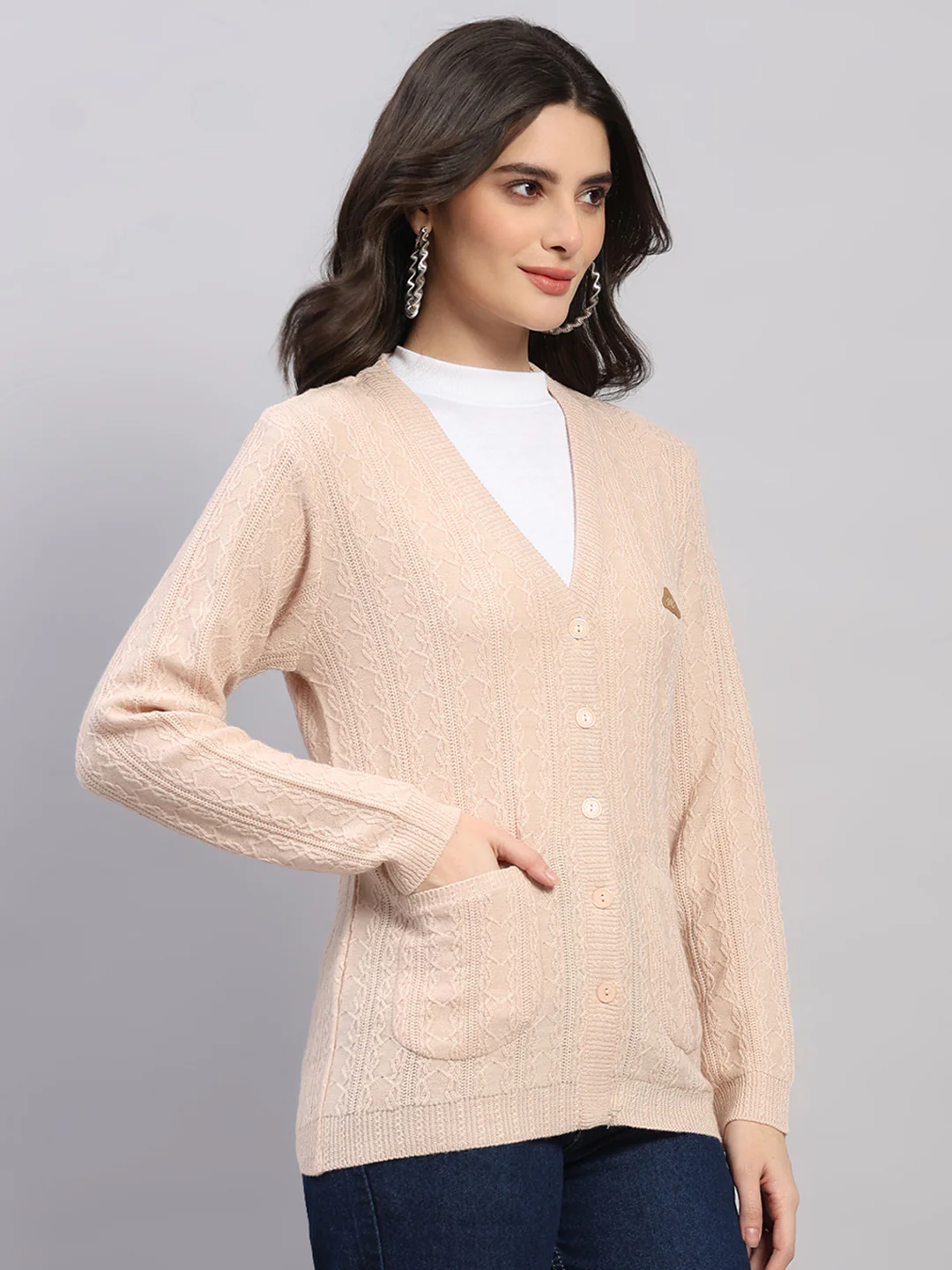 Women Beige Self Design V Neck Full Sleeve Cardigan - Image 4