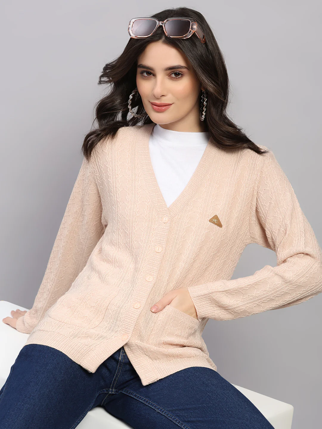 Women Beige Self Design V Neck Full Sleeve Cardigan - Image 6
