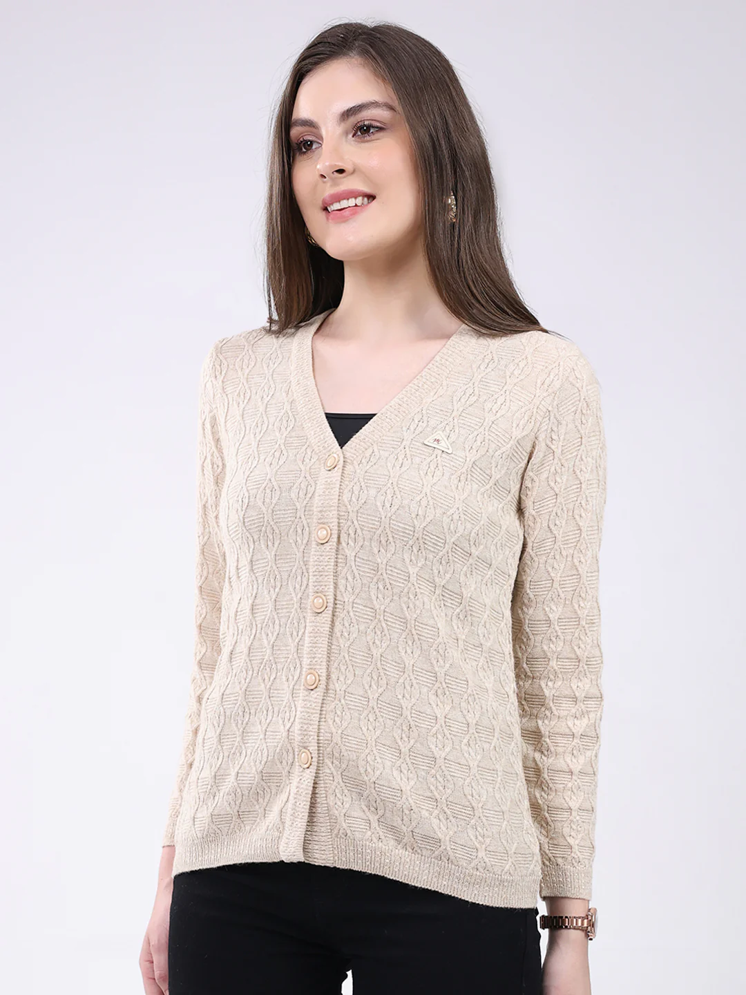 Women Beige Self Design V Neck Full Sleeve Cardigan - Image 3
