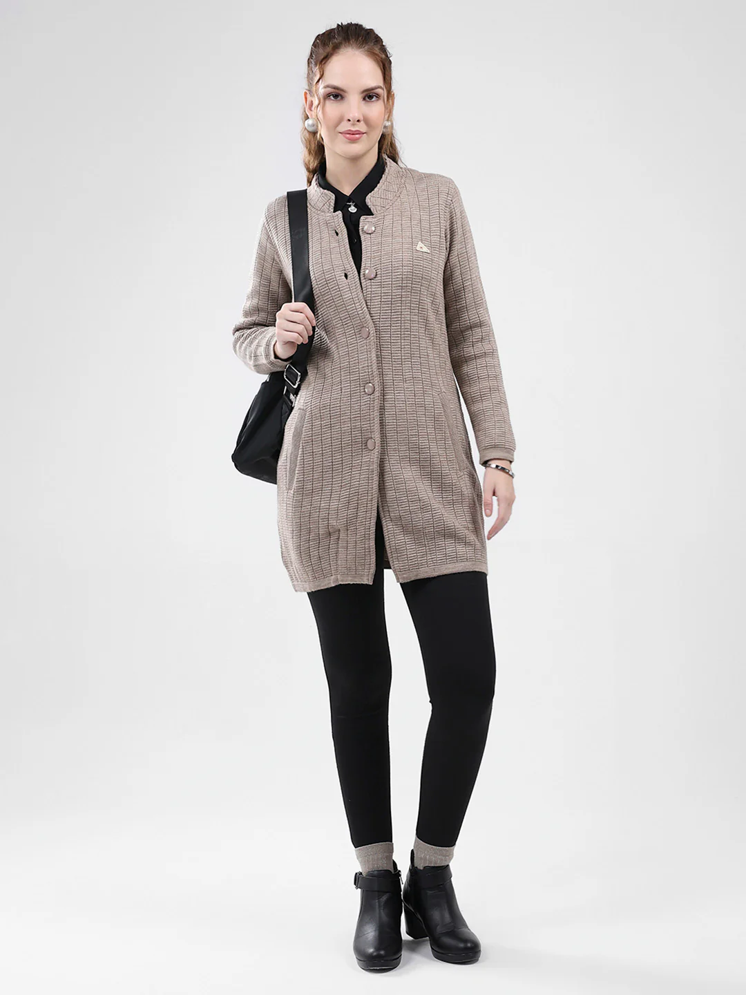 Women Beige Self Design Round Neck Full Sleeve Knitted Coat - Image 2