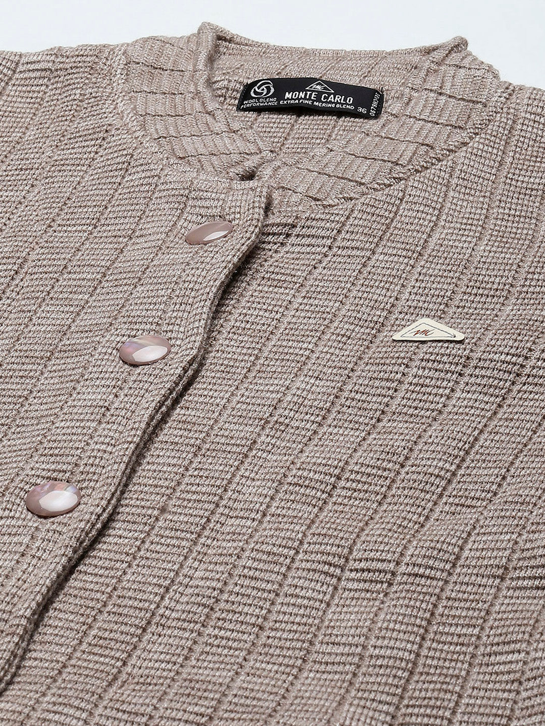 Women Beige Self Design Round Neck Full Sleeve Knitted Coat - Image 7