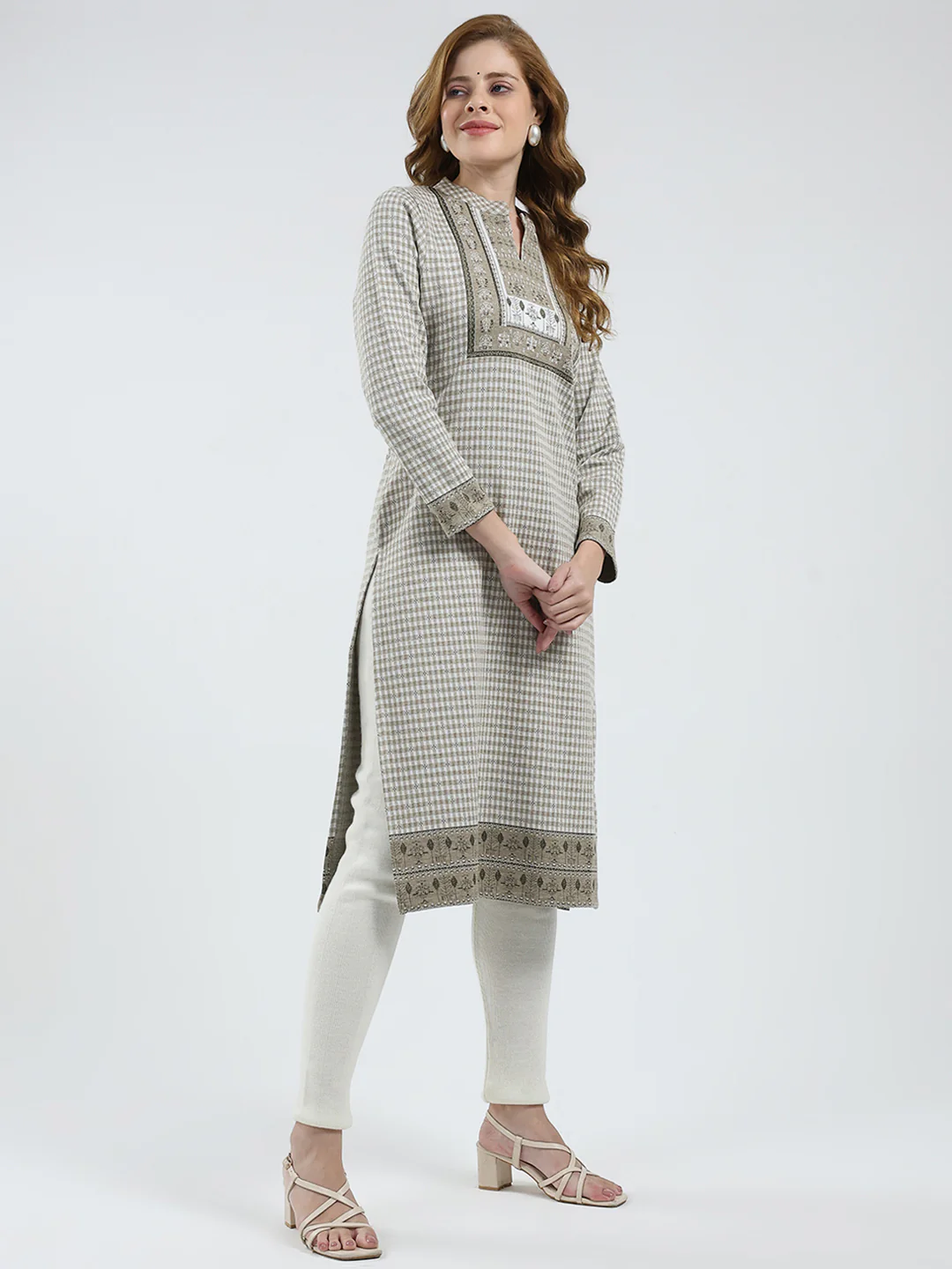 Women Beige Self Design Round Neck Full Sleeve Winter Kurti - Image 4