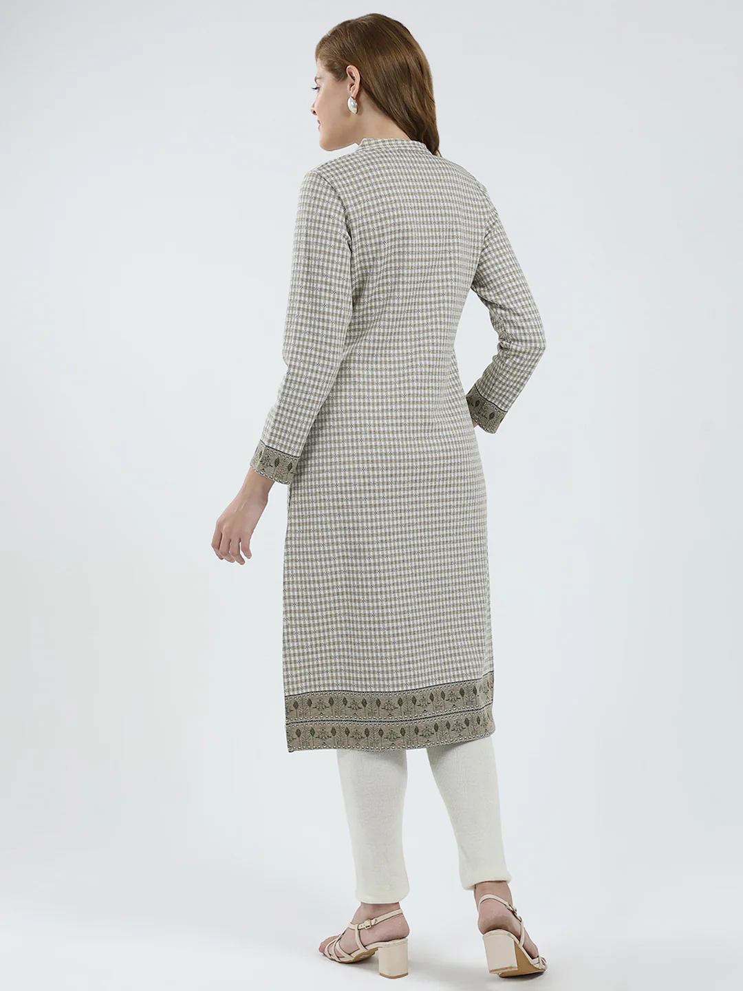 Women Beige Self Design Round Neck Full Sleeve Winter Kurti - Image 5