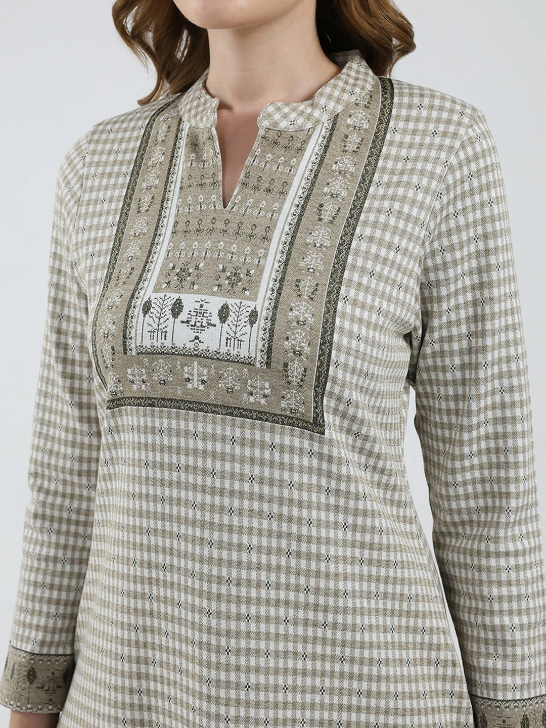 Women Beige Self Design Round Neck Full Sleeve Winter Kurti - Image 6
