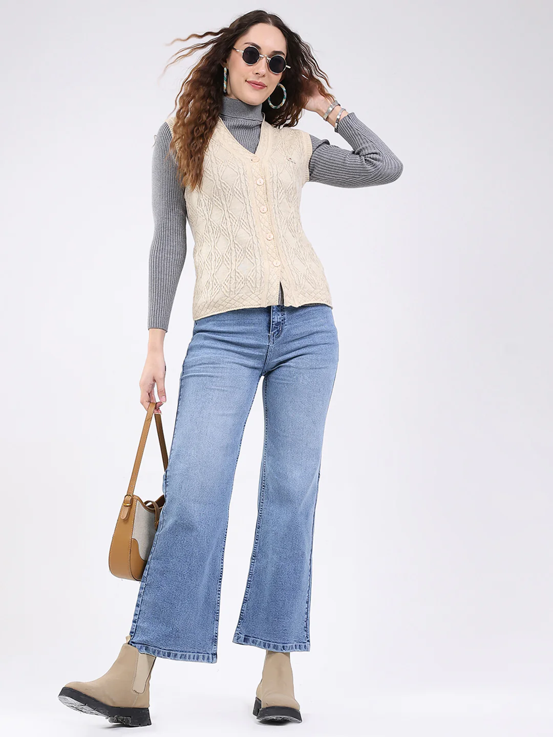 Women Beige Self Design V Neck Sleeveless Cardigan - Image 2