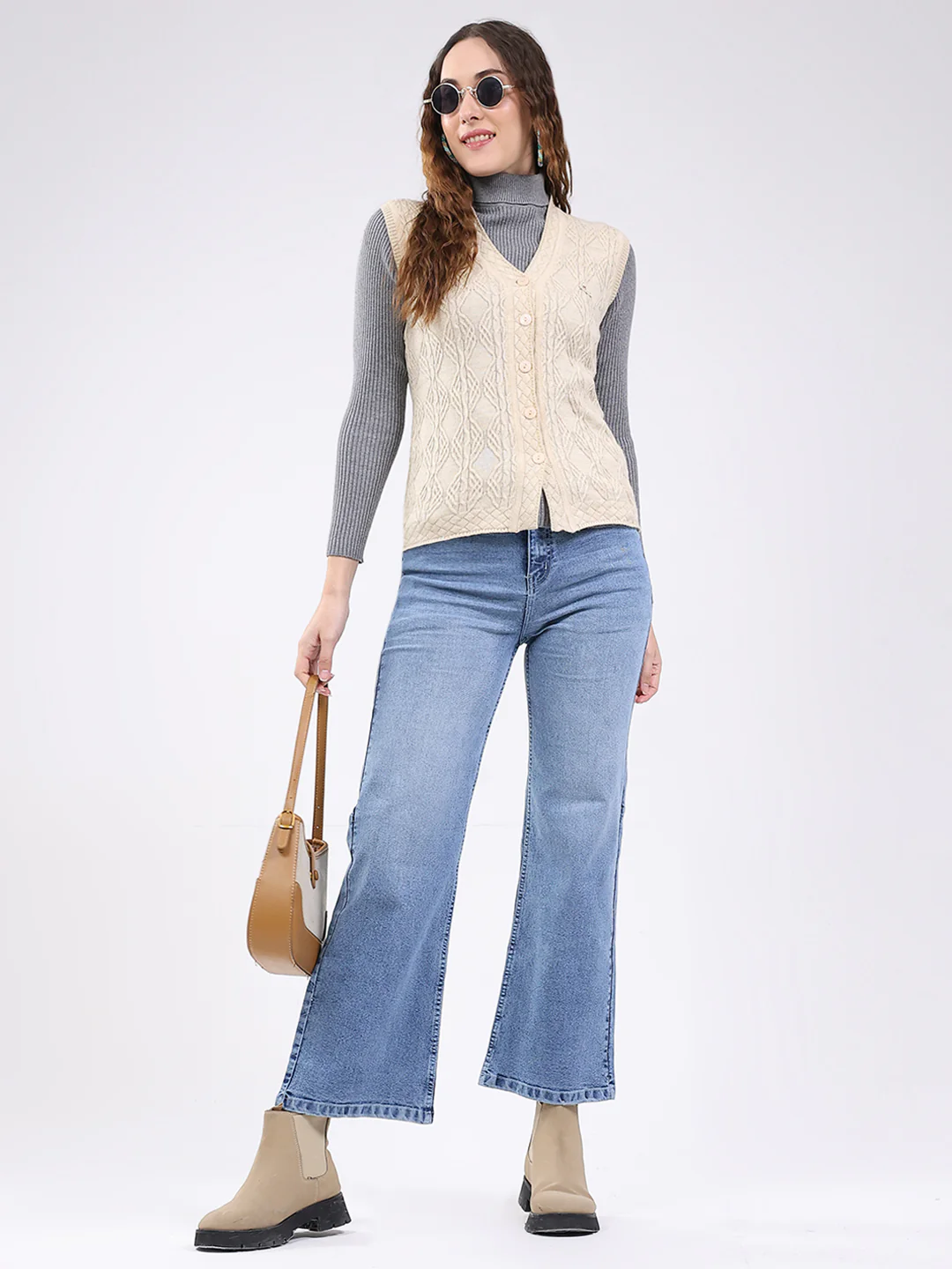 Women Beige Self Design V Neck Sleeveless Cardigan - Image 6