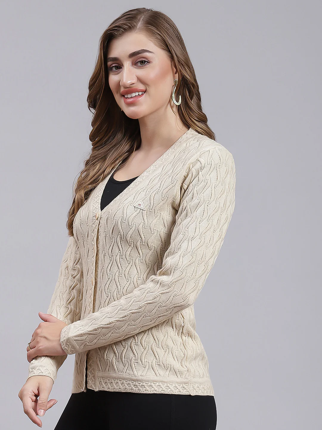 Women Beige Self Design Wool blend Cardigan - Image 3