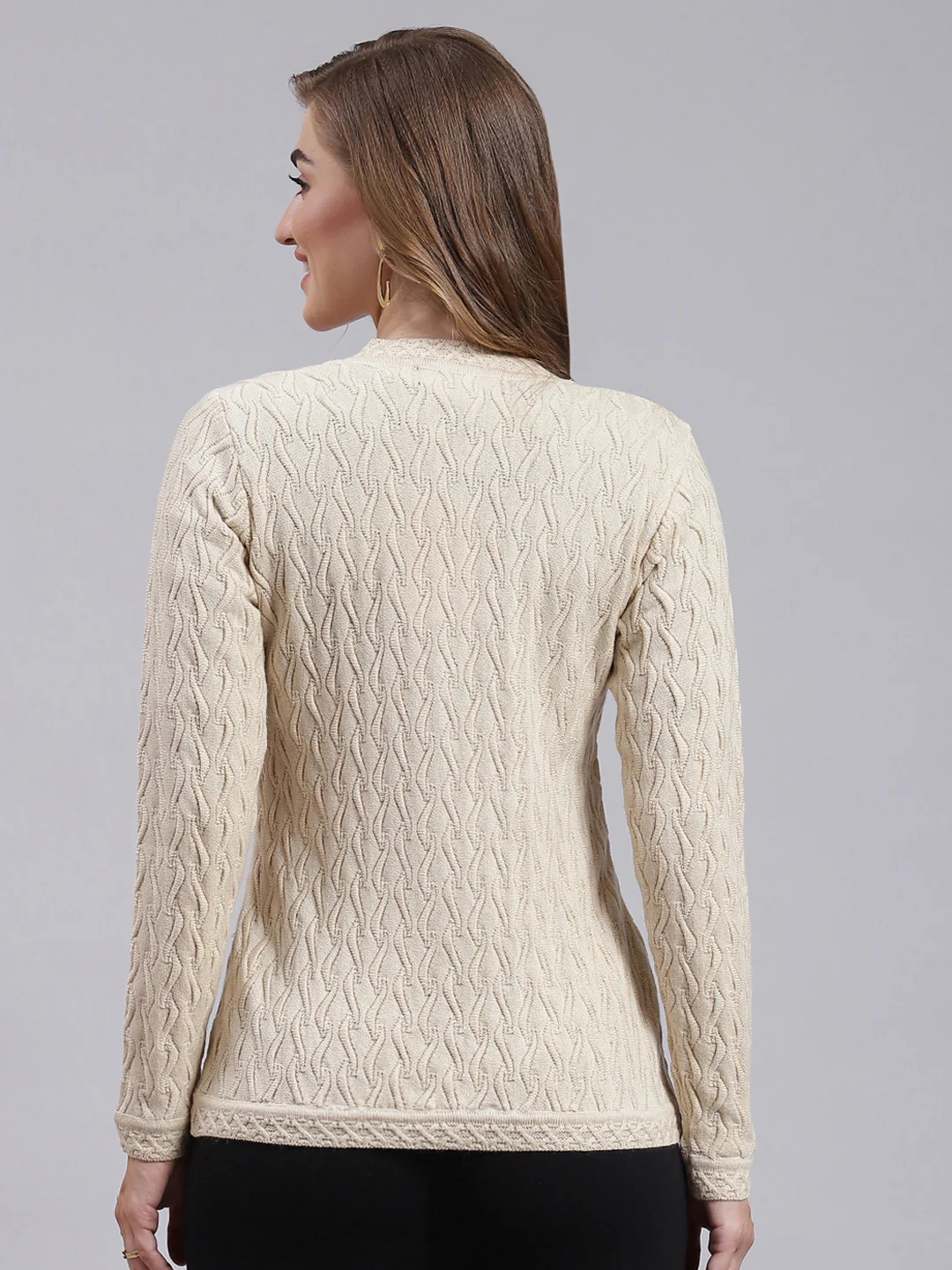 Women Beige Self Design Wool blend Cardigan - Image 4
