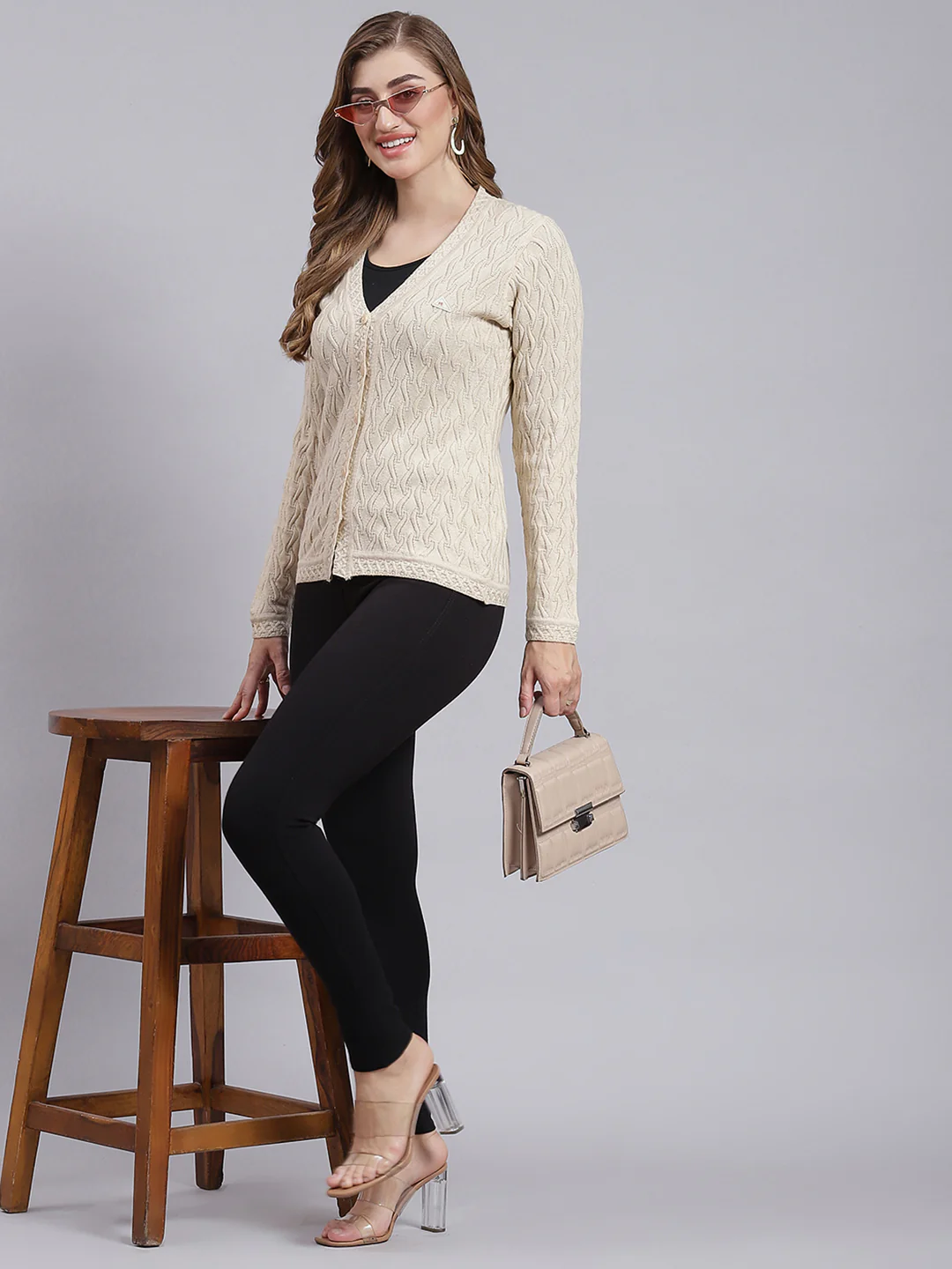 Women Beige Self Design Wool blend Cardigan - Image 5