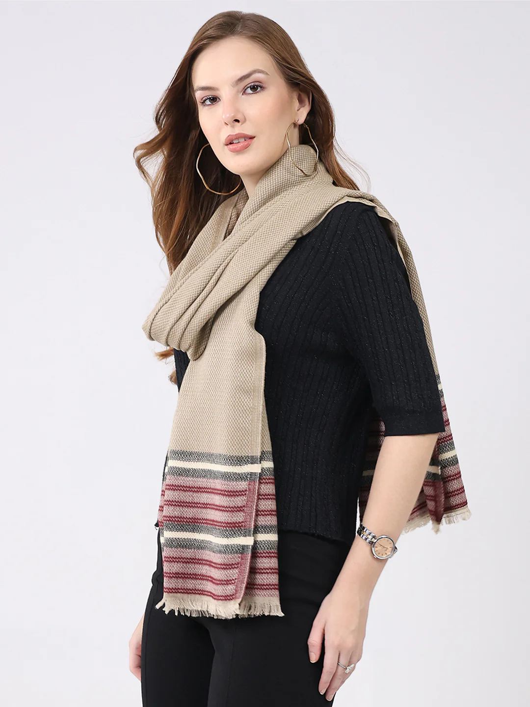 Women Beige Self Design Wool Stole - Image 4