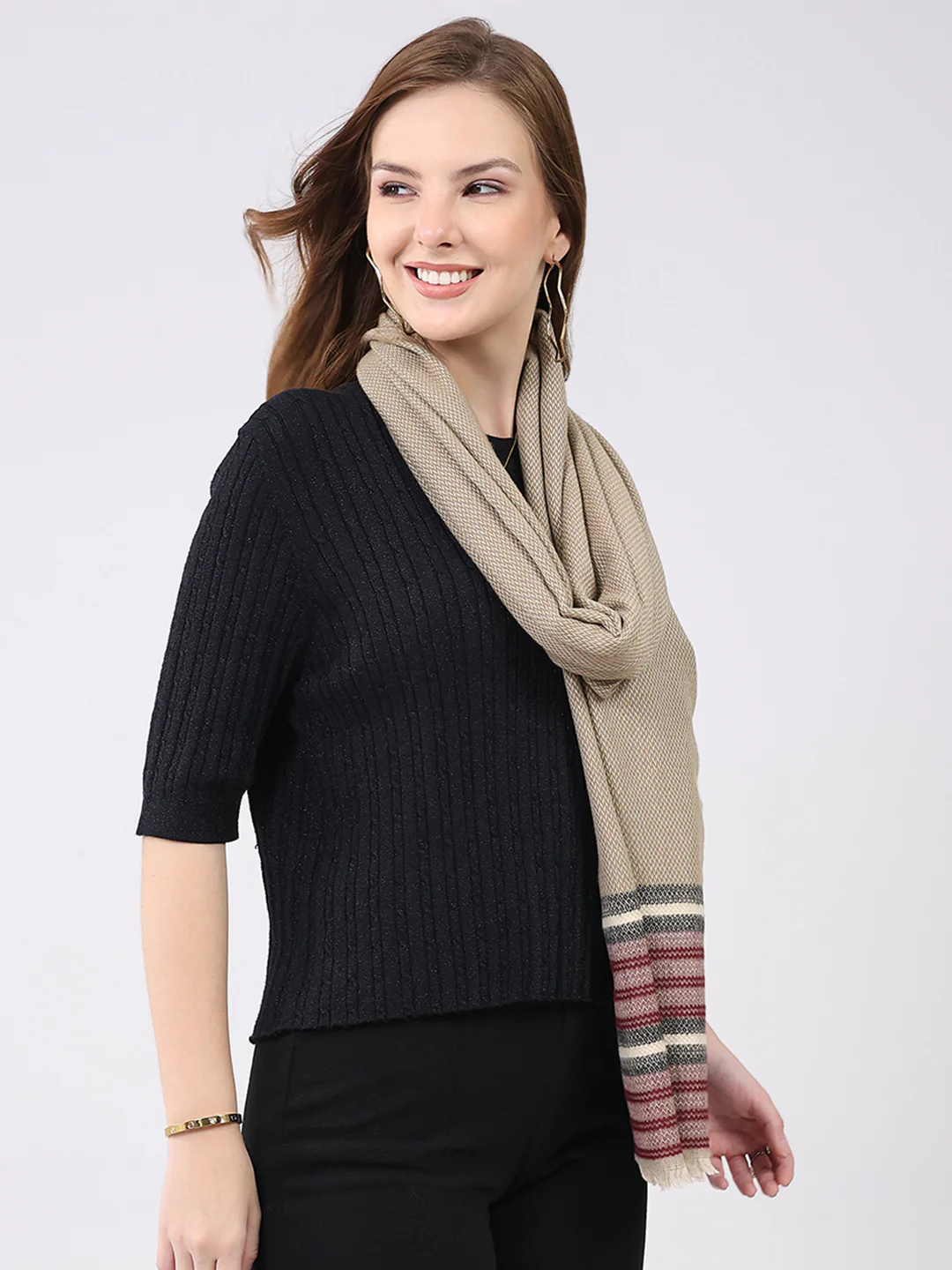 Women Beige Self Design Wool Stole - Image 5