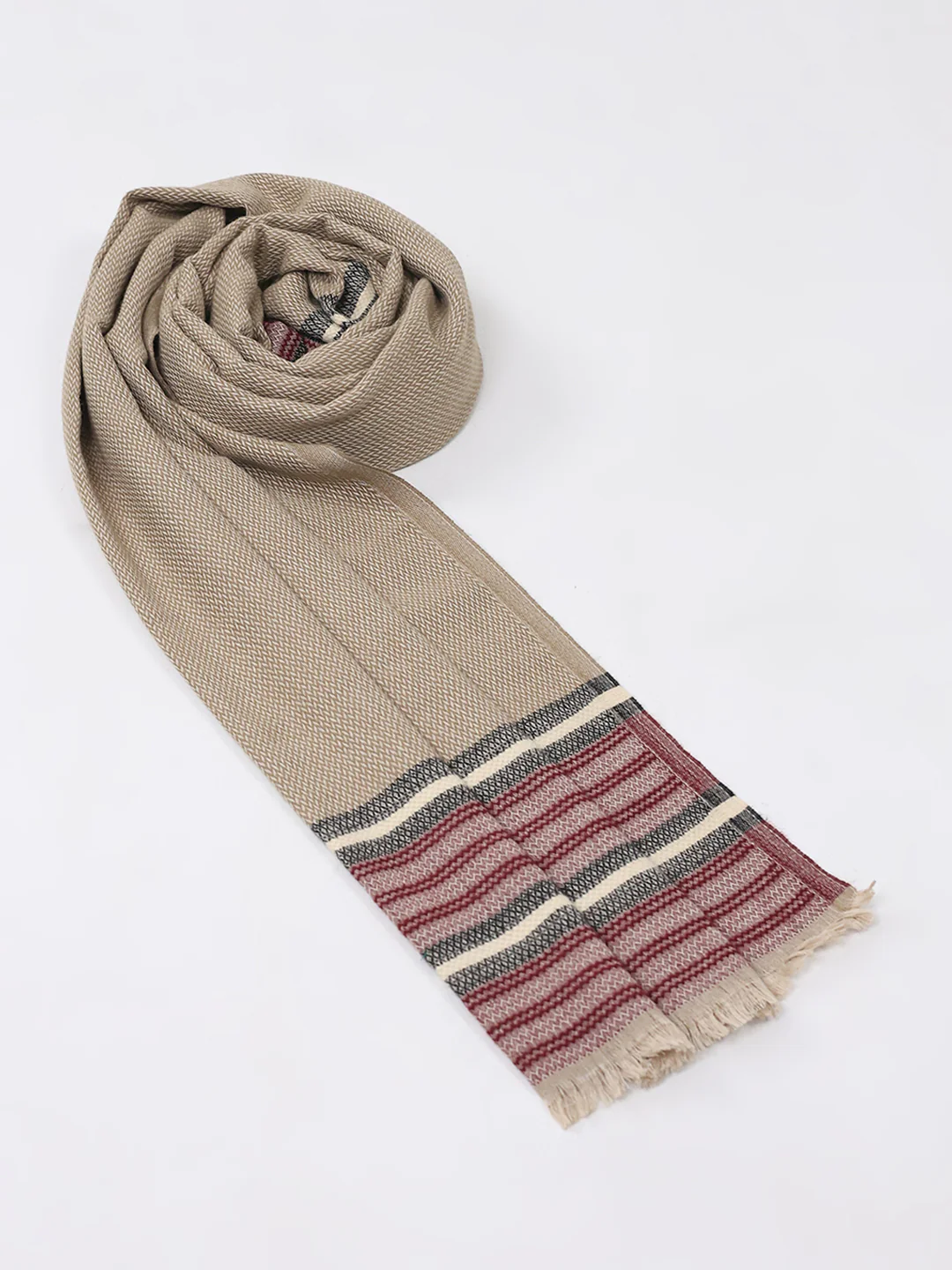 Women Beige Self Design Wool Stole - Image 6