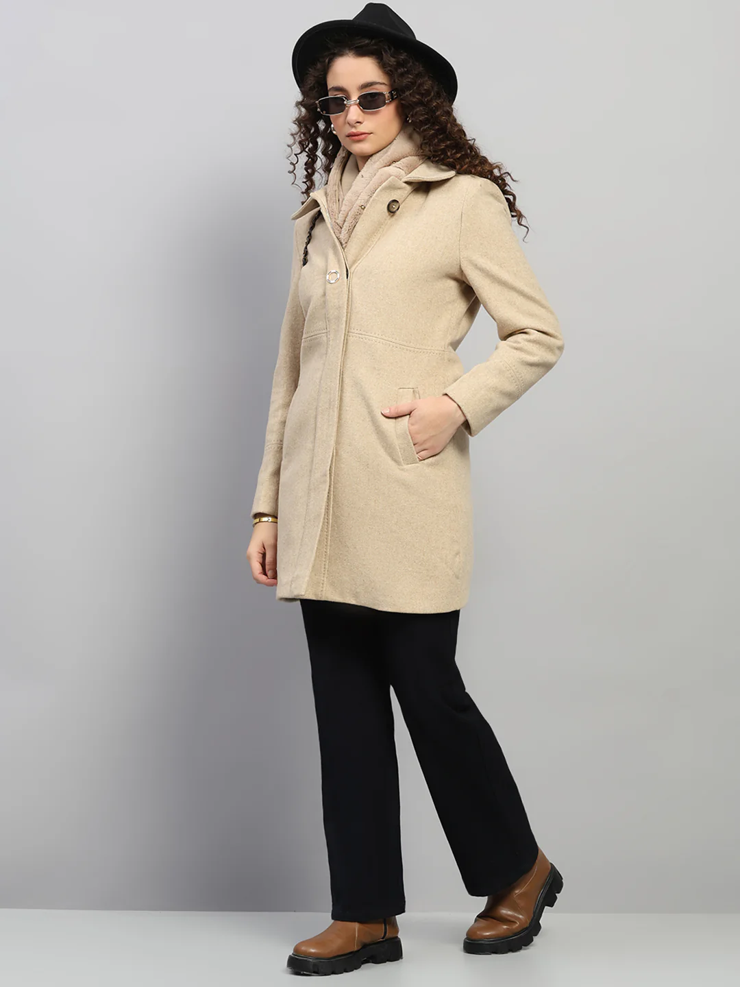 Women Beige Solid Collar Full Sleeve Coat - Image 2