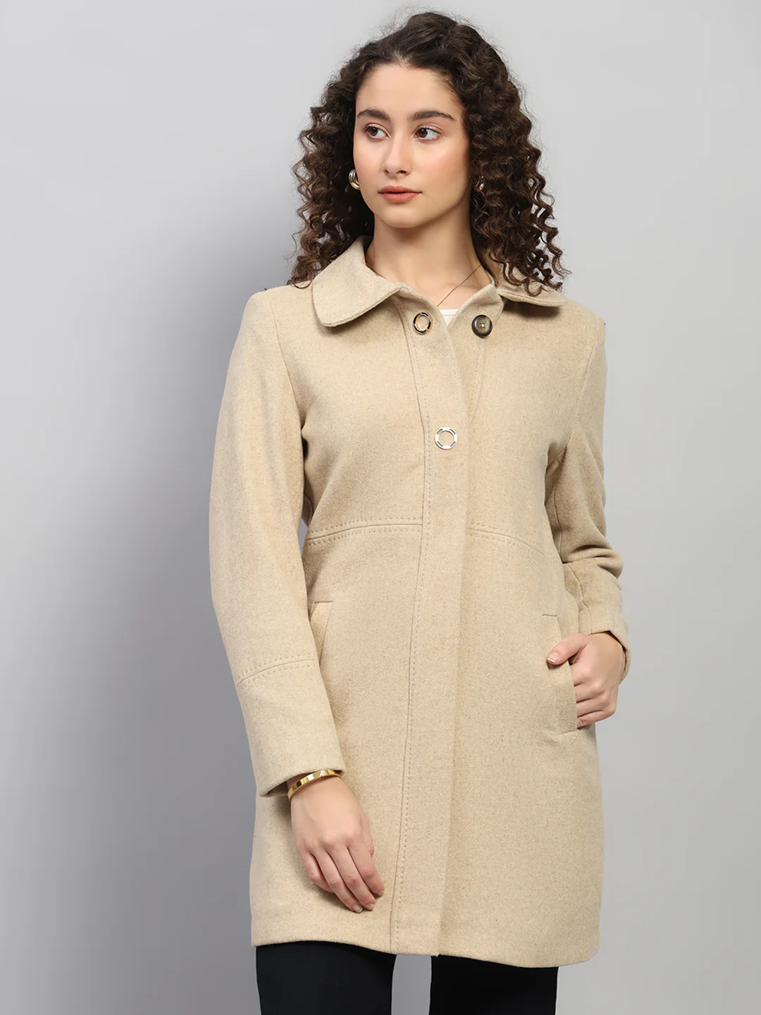 Women Beige Solid Collar Full Sleeve Coat - Image 6