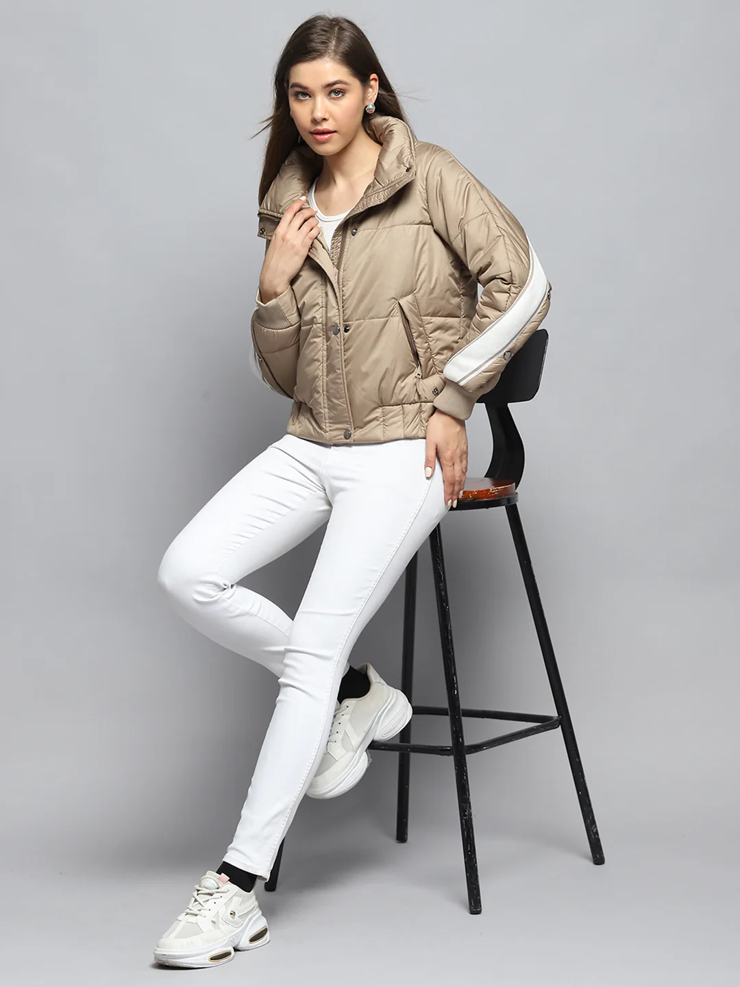 Women Beige Solid Collar Full Sleeve Jacket - Image 2