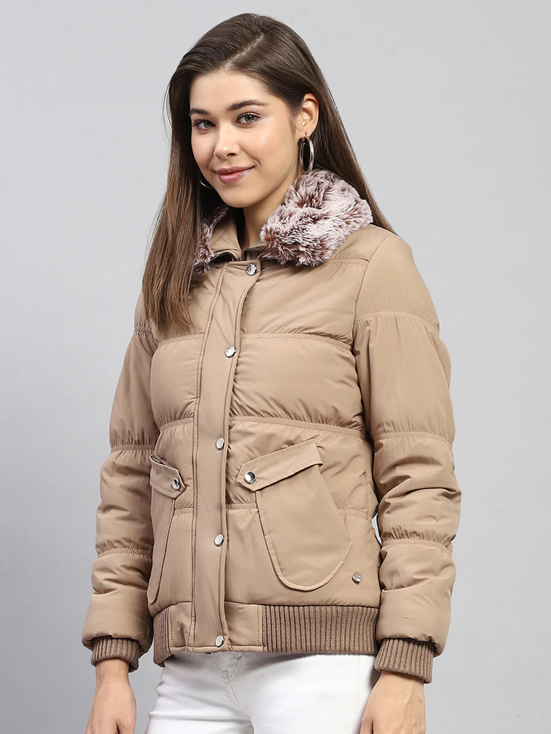 Women Beige Solid Collar Full Sleeve Jacket - Image 3