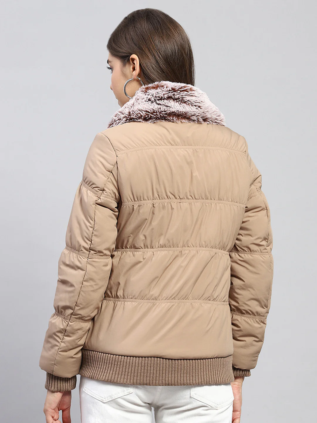 Women Beige Solid Collar Full Sleeve Jacket - Image 5