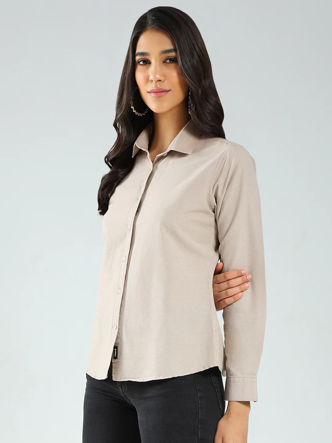 Rock.it Women Beige Solid Collar Full Sleeve Shirt - Image 3