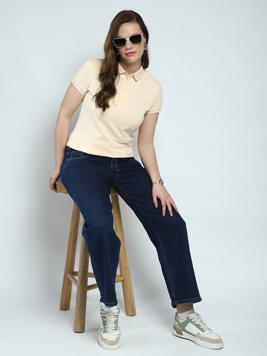 Women Beige Solid Collar Half Sleeve T-Shirt - Image 2