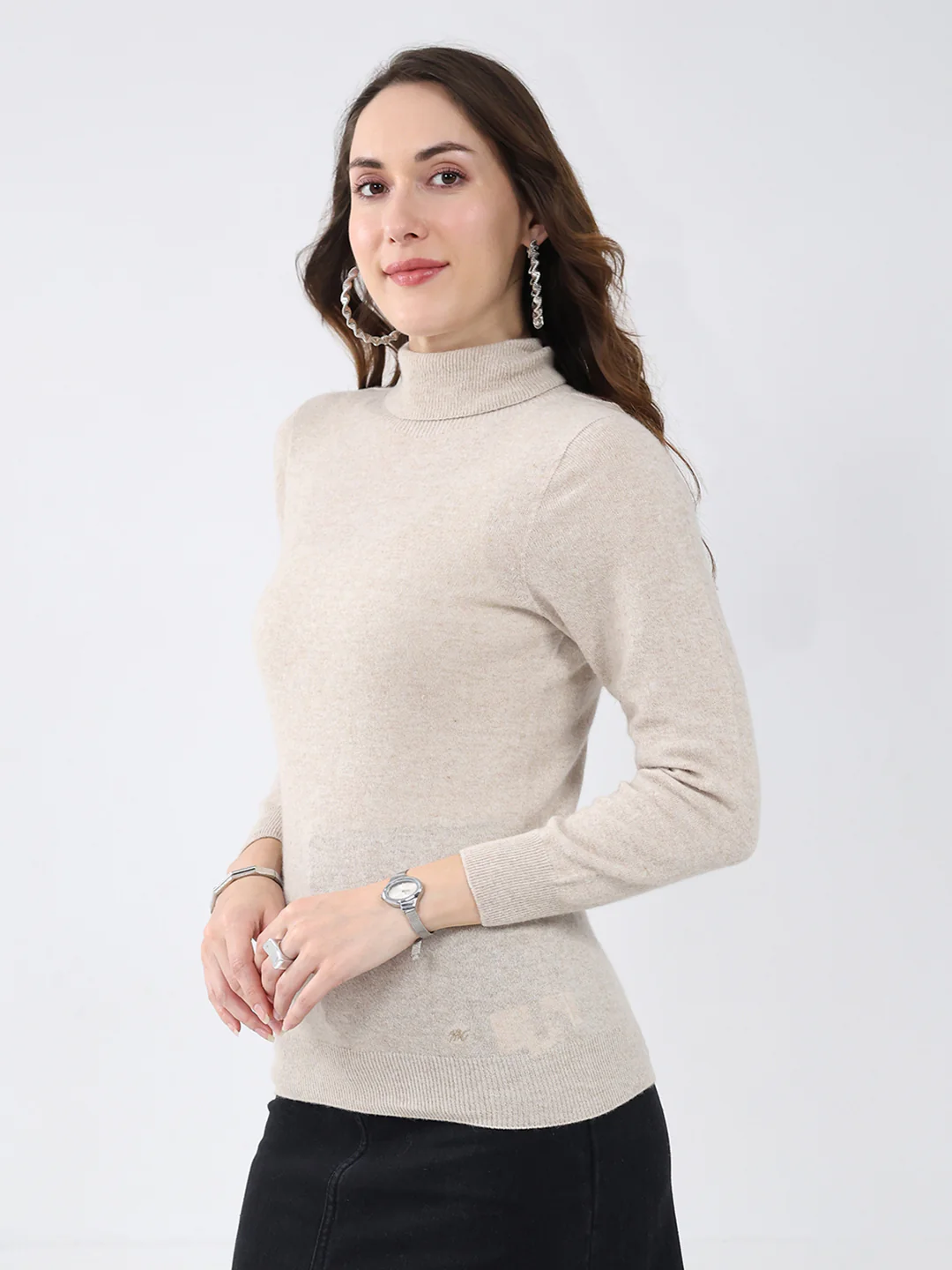 Women Beige Solid High Neck Full Sleeve Winter Top - Image 3