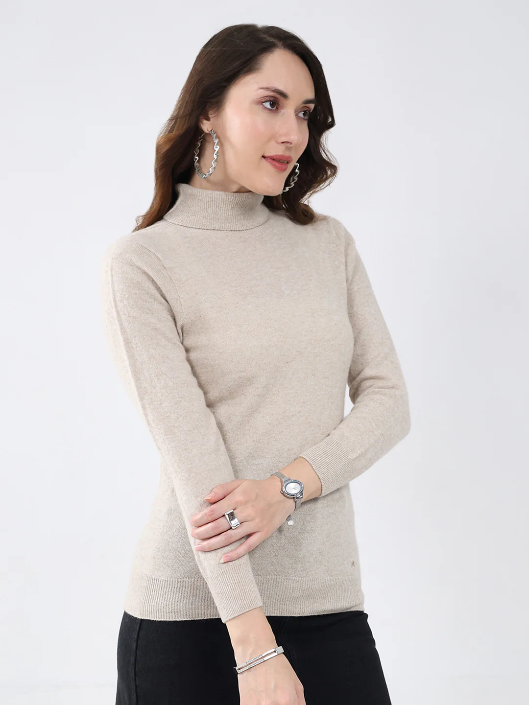 Women Beige Solid High Neck Full Sleeve Winter Top - Image 4
