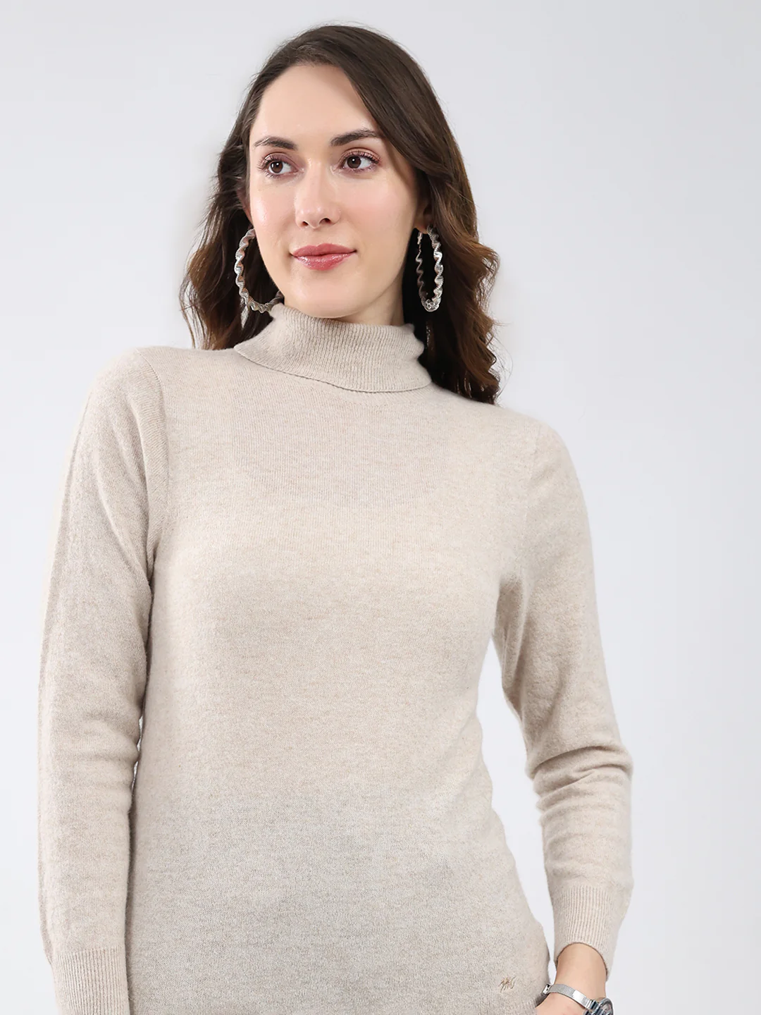 Women Beige Solid High Neck Full Sleeve Winter Top - Image 7