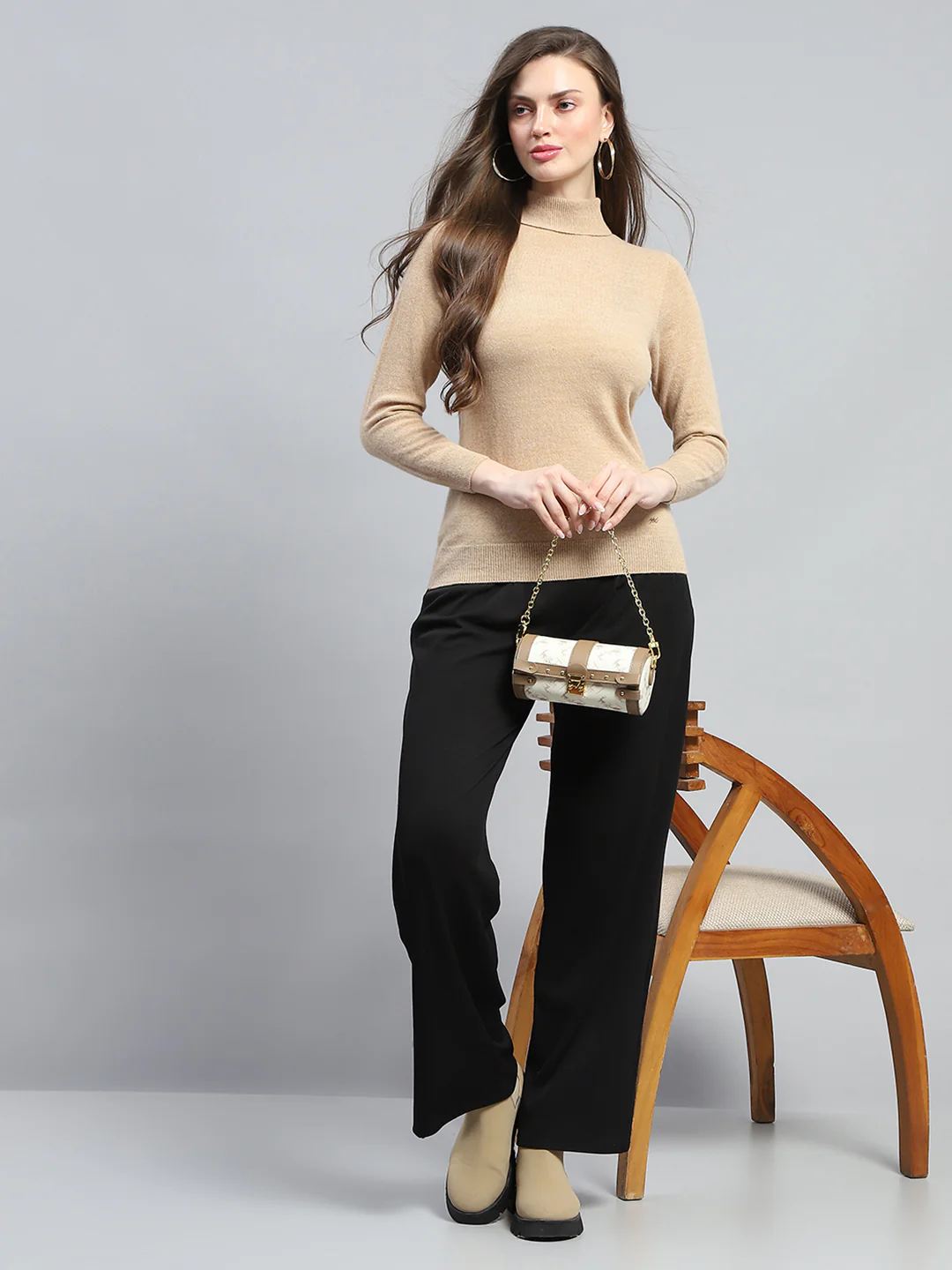Women Beige Solid High Neck Full Sleeve Winter Tops - Image 2
