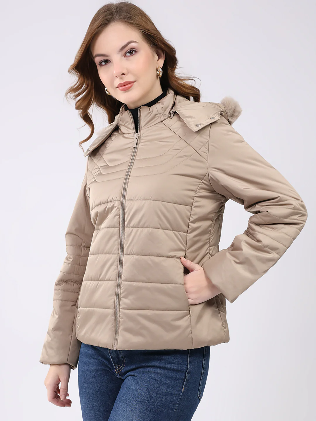 Women Beige Solid Hooded Full Sleeve Jacket - Image 3
