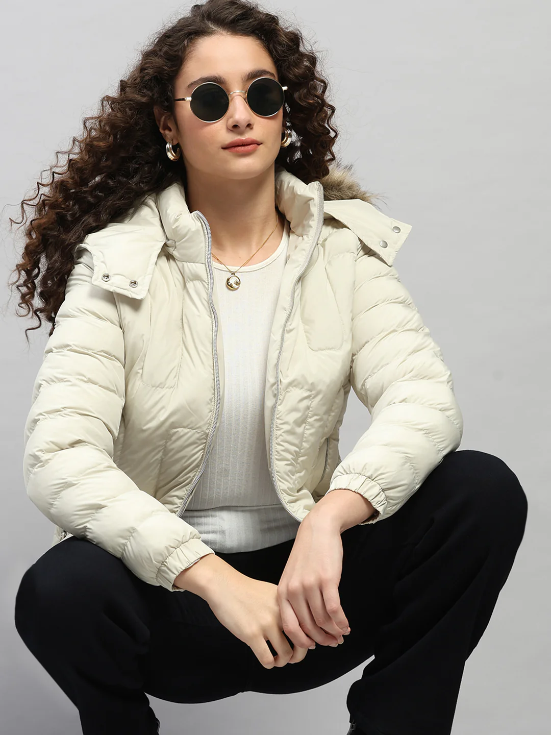 Women Beige Solid Hooded Full Sleeve Jacket - Image 6