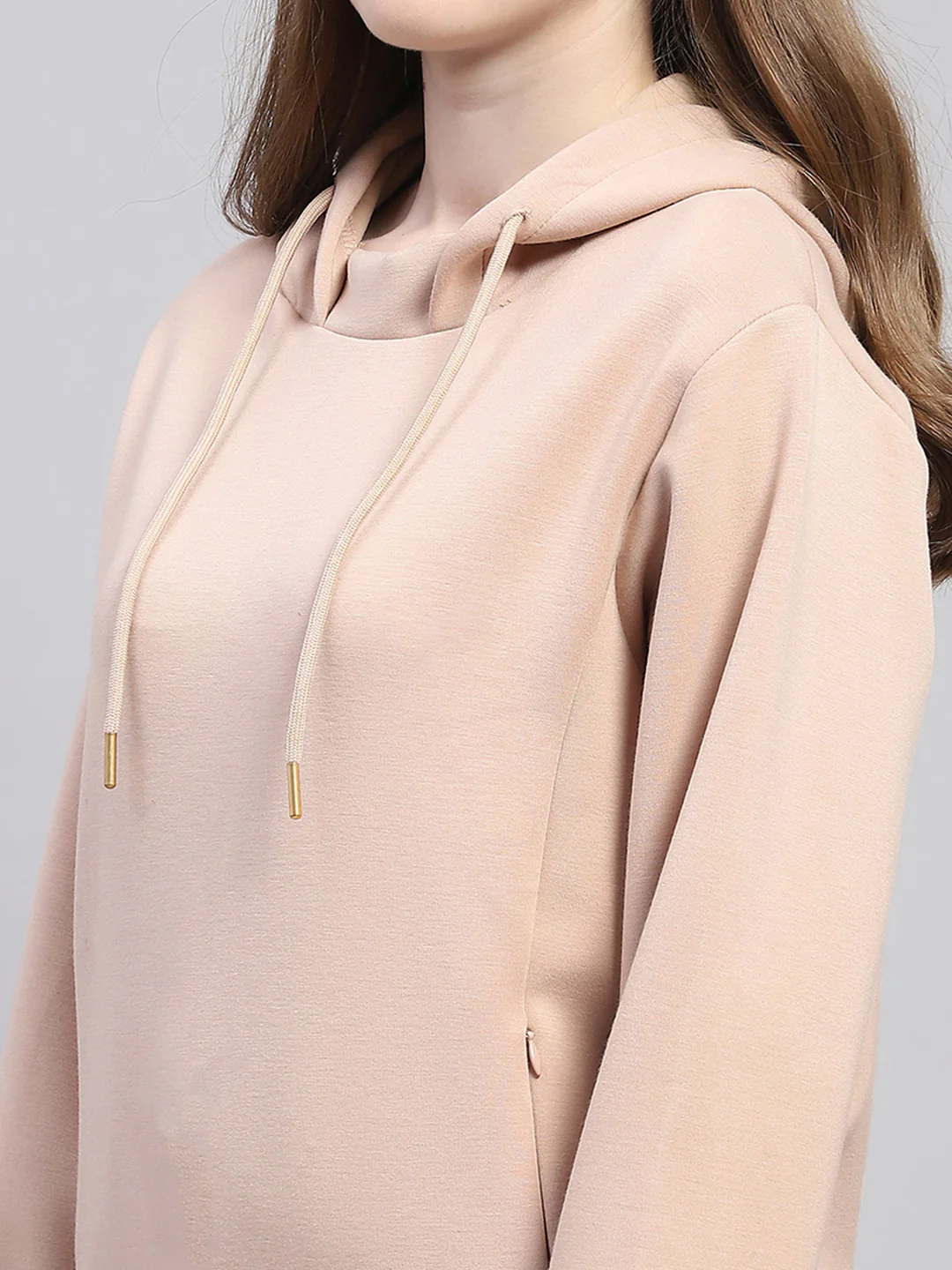 Women Beige Solid Hooded Full Sleeve Sweatshirt - Image 6