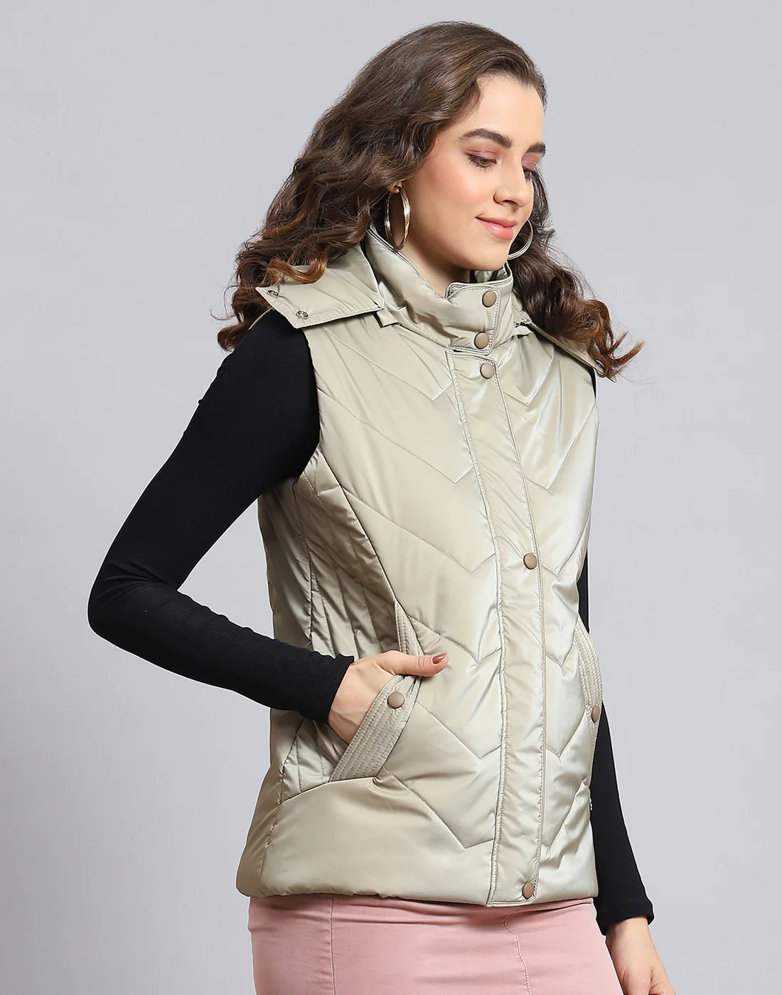 Women Beige Solid Hooded Sleeveless Jacket - Image 4