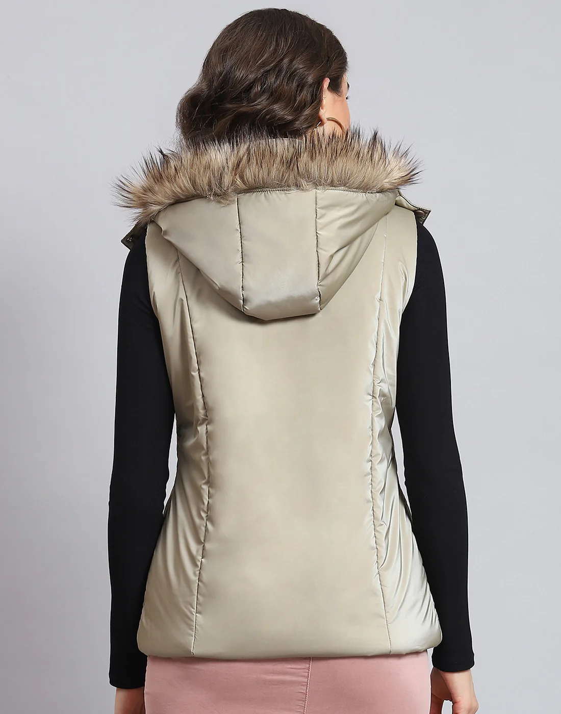 Women Beige Solid Hooded Sleeveless Jacket - Image 5