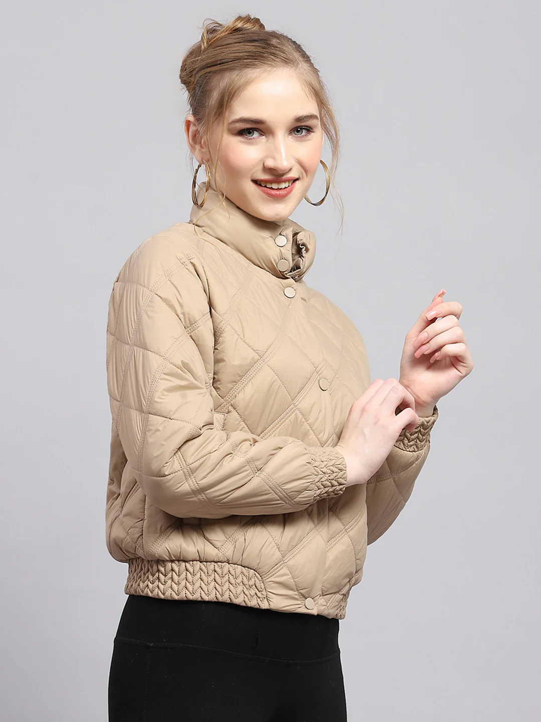 Women Beige Solid Mock Neck Full Sleeve Jacket - Image 4